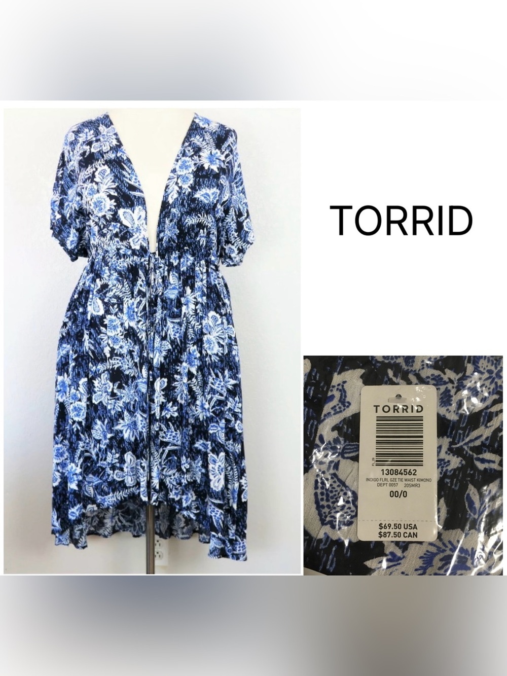 TORRID - 00/0X M/L - NWT FLORAL BLUE WHITE MAXI HI-LO KIMONO CARDIGAN / KAFTAN